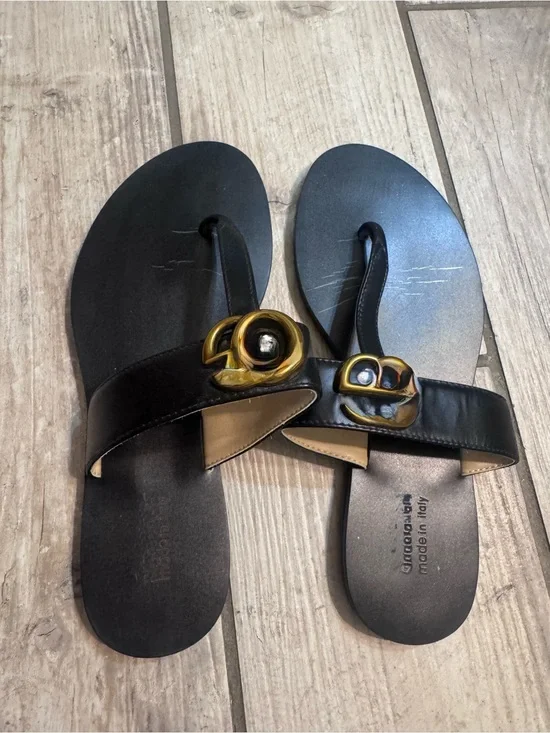 Black Leather Slide Sandals with Gold  Accent
