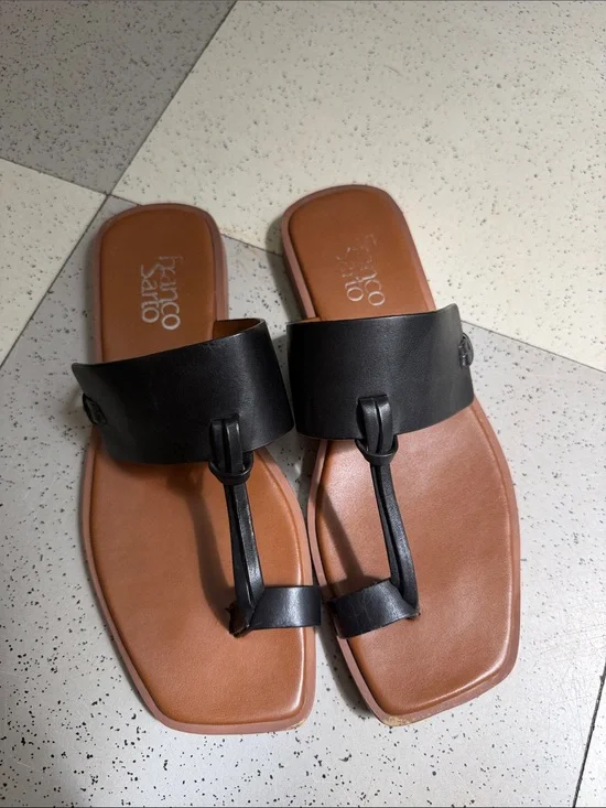 Franco Sarto Black Leather T-Strap Slide Sandals with Tan Footbed
