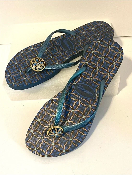 Havaianas Teal Blue and Gold Patterned Flip Flops