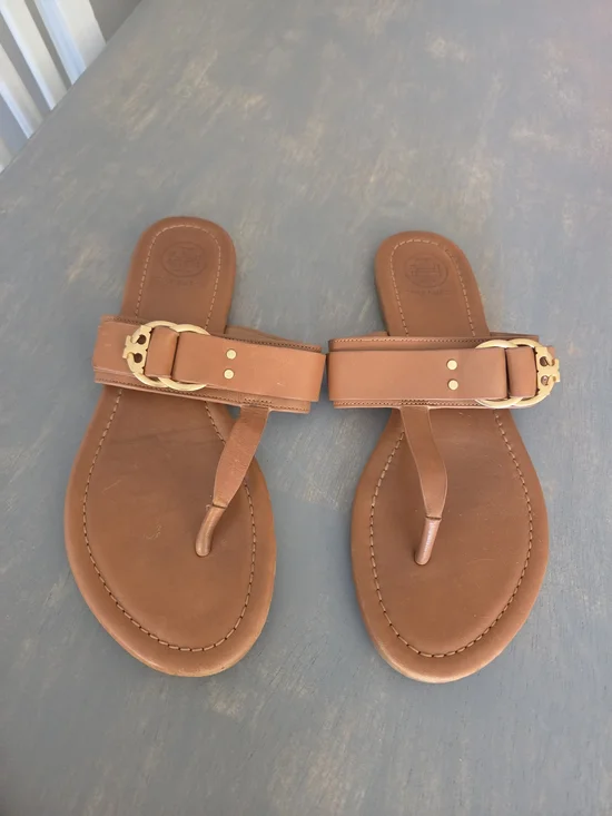Tory Burch Brown Leather Thong Sandals with Gold Buckle