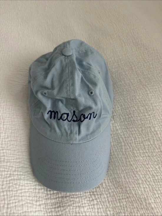 Personalized Light Blue Kids Baseball Cap with Navy “Mason” Embroidery