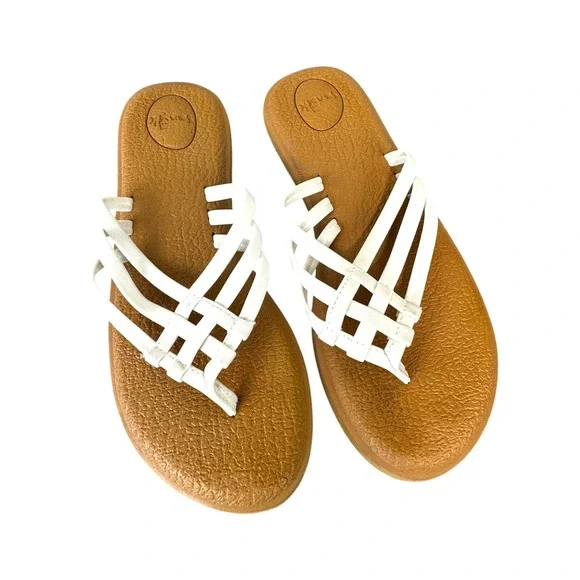Sanuk Yoga Sling White Strappy Sandals Women Size‎ 6 1103940 Tan Footbed Beacy