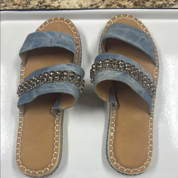 Crown Vintage Denim Blue and Tan Sandals with Studded Jeweled Straps Sz 9