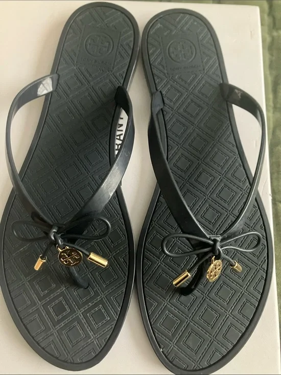 Tory Burch Black Jelly Bow Logo Flip Flops with Gold Accents