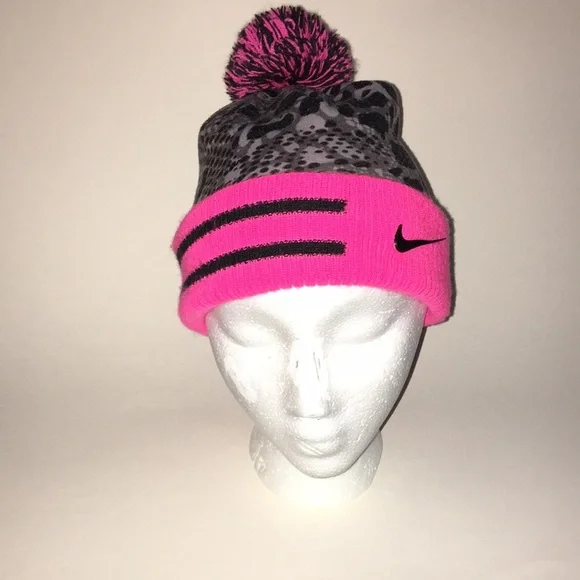 Nike/Youth Neon Pink & Black w/Gray & Black animal print, pink/black PomPom