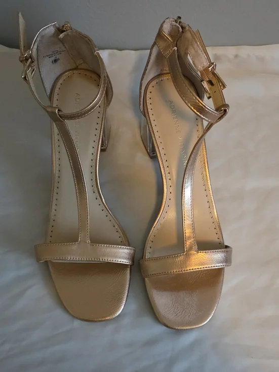 Adrienne Vittadini Metallic Gold T-Strap Clear Block Heel Sandals