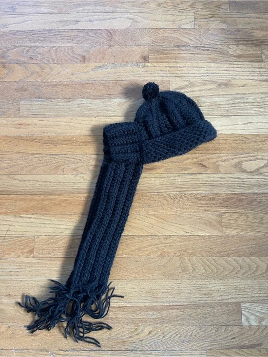 Black Knit Pom-Pom Beanie with scarf attached