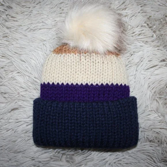 💜 TAN + PURPLE FUR POM BEANIE · 6–12 MO 💜