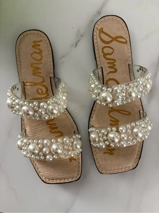 Sam Edelman Pearl-Embellished Clear Double-Strap Slide Sandals - Ivory/Clear