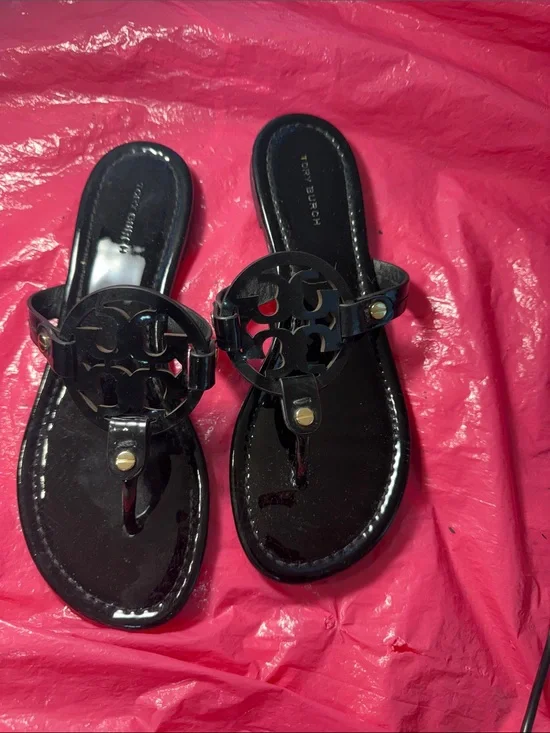 Tory Burch Black Patent Logo Thong Sandals