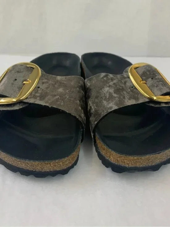 Birkenstock Madrid Big Buckle Rivet Logo Taupe Velvet Exquisite Footbed Narrow