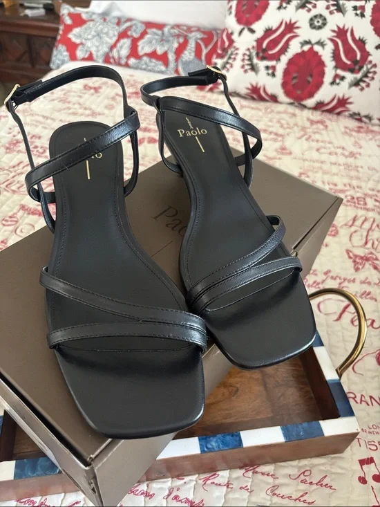 NWT Linea Paolo Black Strappy Square-Toe Sandals with Ankle Strap. SZ 11M