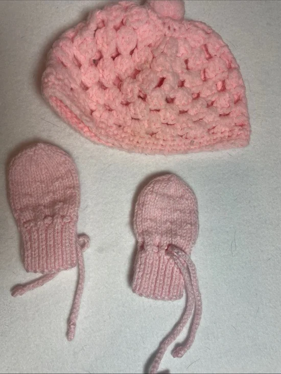 Handmade Pink Crochet Baby Hat and Mittens Set