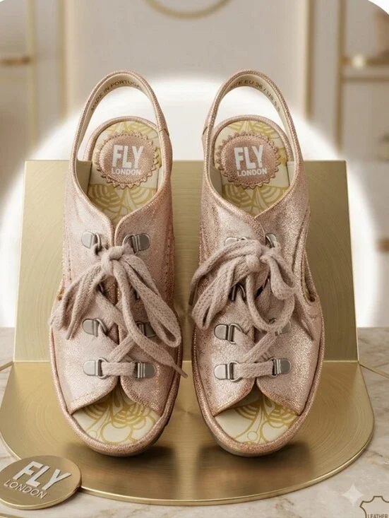 Fly London Metallic Leather Lace Up Platform Sandal EU 36 EUC