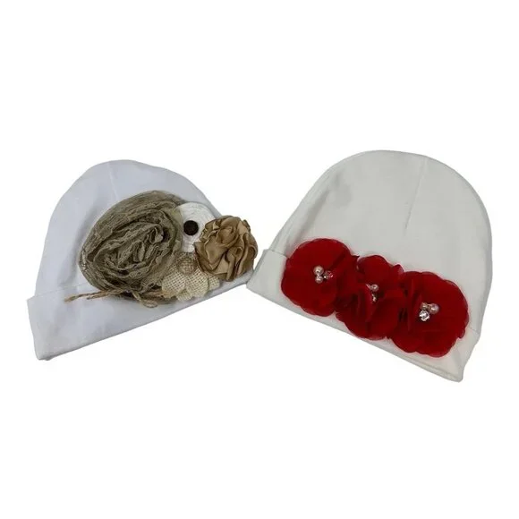 Handmade Infant Girl Beanie Hat Red White Neutral Christmas Holidays Valentines