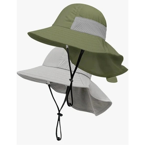 Kids Sun Hat UPF 50+ Adjustable Wide Brim Beach Neck Flap Olive Gray Size M 2-5Y