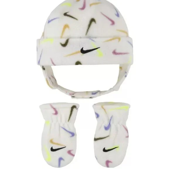 🆕 Toddler Nike Trapper Hat & Mittens Set Allover Swoosh Logo Print
