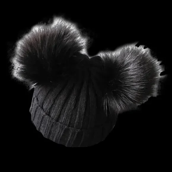 New double pom pom knit baby hat