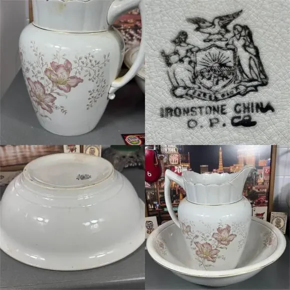 Late 1800s Vintage O.P. Co Ironstone Wash Basin & Pitcher Set Floral Gold