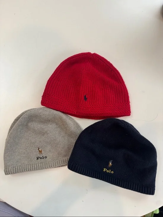 3 boys Ralph Lauren Kids Beanie Hats Red Blue Grey Pony