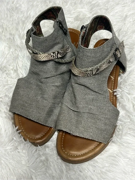 Women's Blowfish Malibu Gray Denim Peep-Toe Sandals snake skin strap