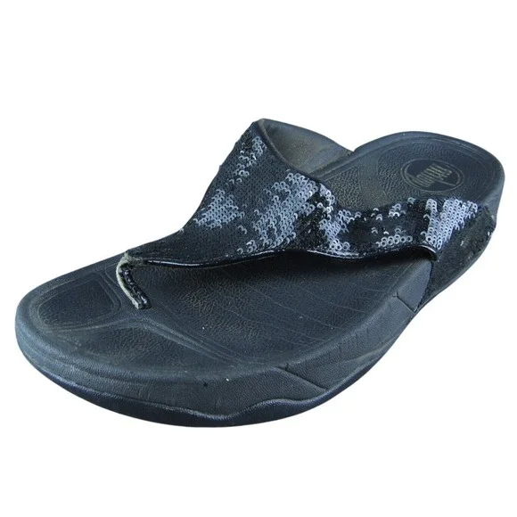 FitFlop Sequins Women Flip Flop Sandal Shoes‎ Black Synthetic Size 7 Medium
