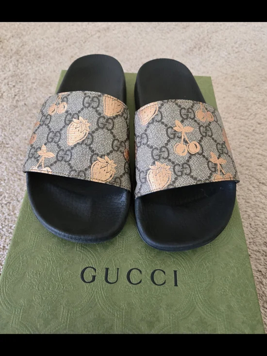 Gucci Monogram Strawberry & Cherry Slide Sandals - Beige/Black