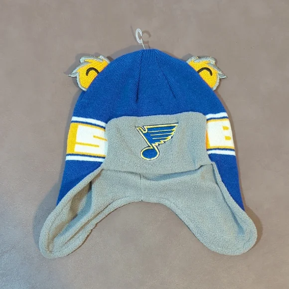 NHL St Louis Blues Infant Baby Trapper Knit Hat With Ears Blue Gray Yellow White
