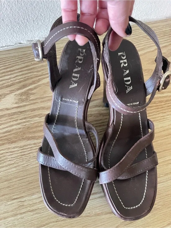 PRADA Brown Leather Strappy Ankle-Buckle Sandals