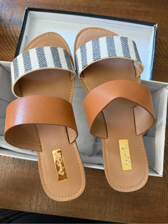 Striped Canvas & Tan Slide Sandals - Women