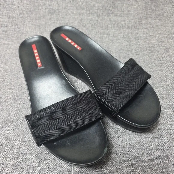 Prada Sport Authentic Solid Black Leather Platform Wedge Slides Sandals 36.5