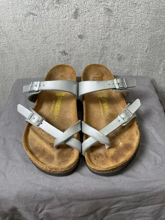 Birkenstock Mayari Sandals Womens EU 37 US 6 Silver Birko-Flor Comfort Slides