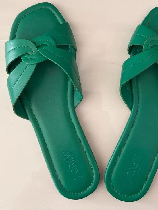 J.Crew Green faux Leather Knot Slide Sandals Square Toe - Size 10.5