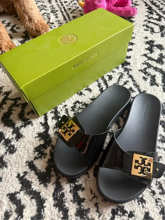 Tory Burch Black Patent Slides with Gold Logo Buckles