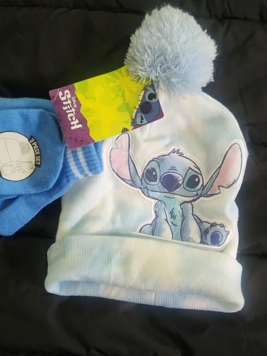 Disney Light Blue Stitch Pom-Pom Beanie with Blue Gloves