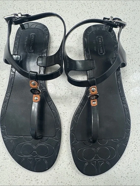 Coach Black T-Strap Jelly Sandals with Tan Accents size 37