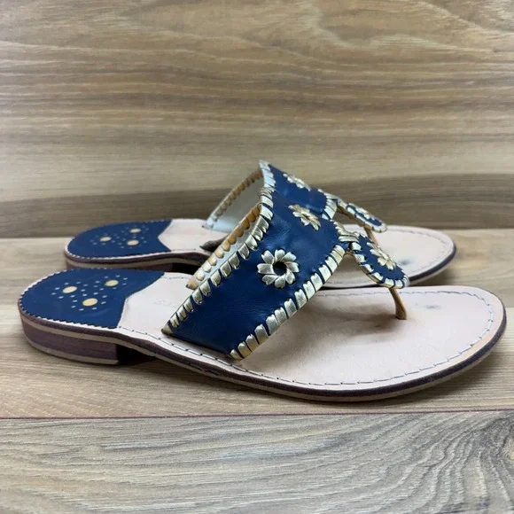 Jack Rogers Flip Flops Sandals 8 Navy Blue Gold Thong Summer Vacation Resort