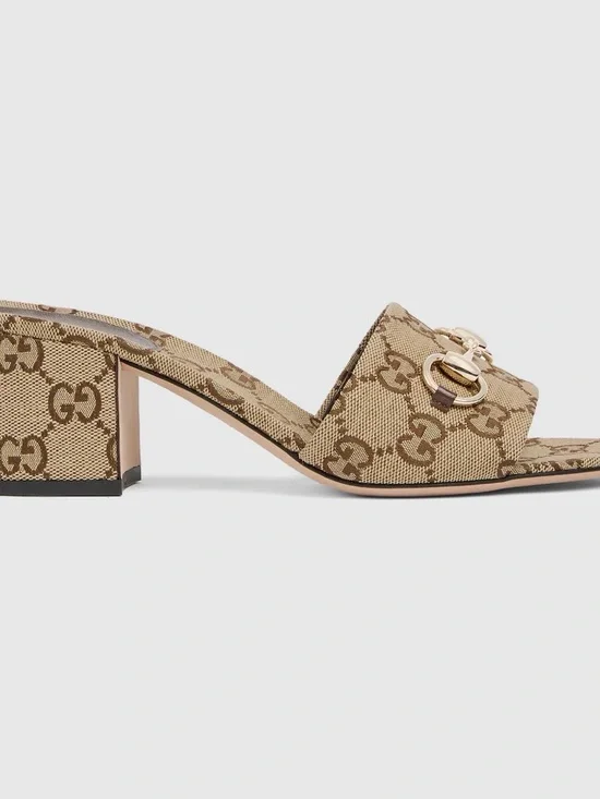 Gucci Tan GG Canvas Horsebit Slide Sandals with Gold Hardware