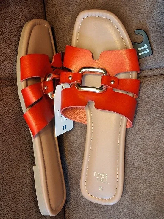 Time and Tru Embellished Slide Sandals with Gold Accent Red Womens Size 11