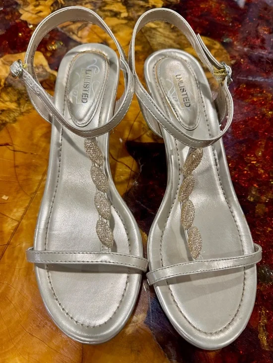 Gold Metallic Ankle-Strap Sandals with Small Heel