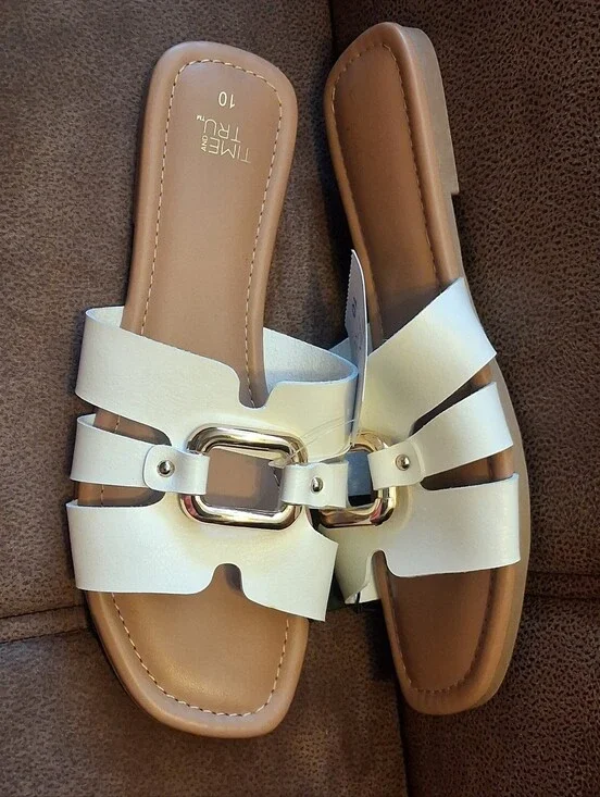 Time and Tru Embellished Slide Sandals with Goldtone Buckle White Size 10