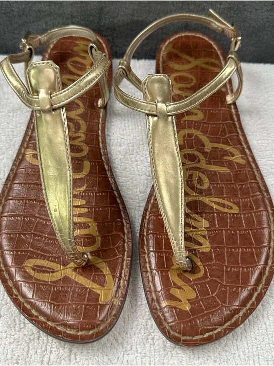 Sam Edelman Gold T-Strap Sandals with Brown Croc Footbed