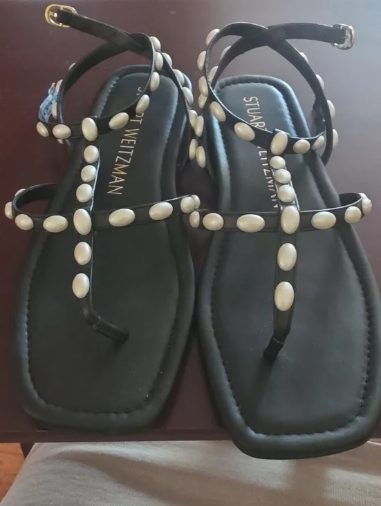 Stuart Weitzman Black Sandals with Ivory Stud Accents