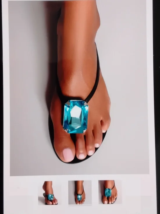Black Thong Sandal with Large Aqua Gem Accent