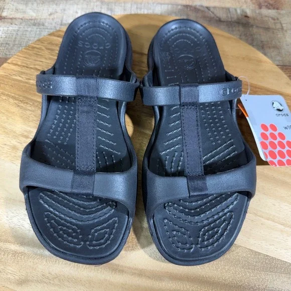 Crocs Sandals Womens 10 Black Slide Cleo III Comfort Strappy Water Shoes 21161