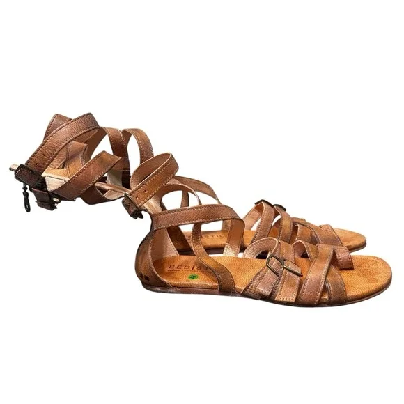 Bed Stu Seneca Tan Leather Strappy Size 7.5 Summer Sandals Gladiator Zip Closure
