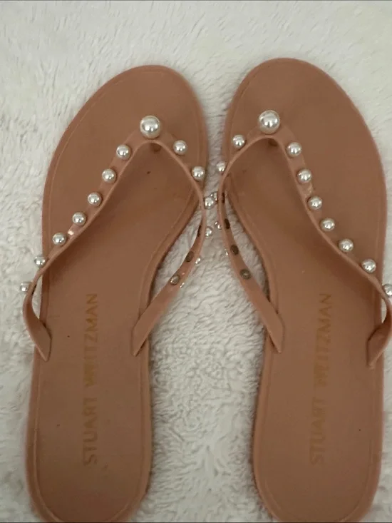 Stuart Weitzman Blush Pearl-Embellished Thong Sandals