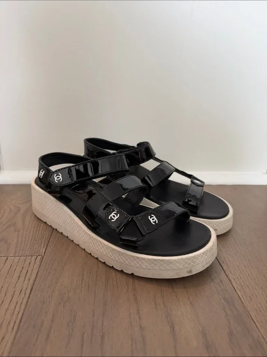 CHANEL Black Patent Platform Sandals
