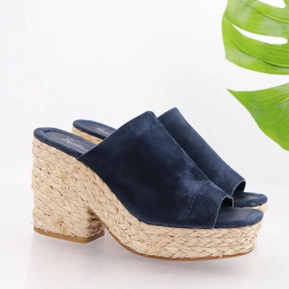 Splendid Womens Theodore Mules Sandals Size 7.5 M Navy Suede Platform Heel Shoes