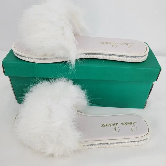 Lauren Lorraine White Fluffy Faux Fur Flat Sandal Glitter Trim Slides Size 8 New